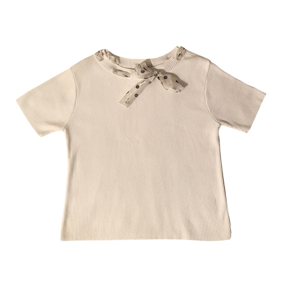 White 90’s style top with polka dot bow